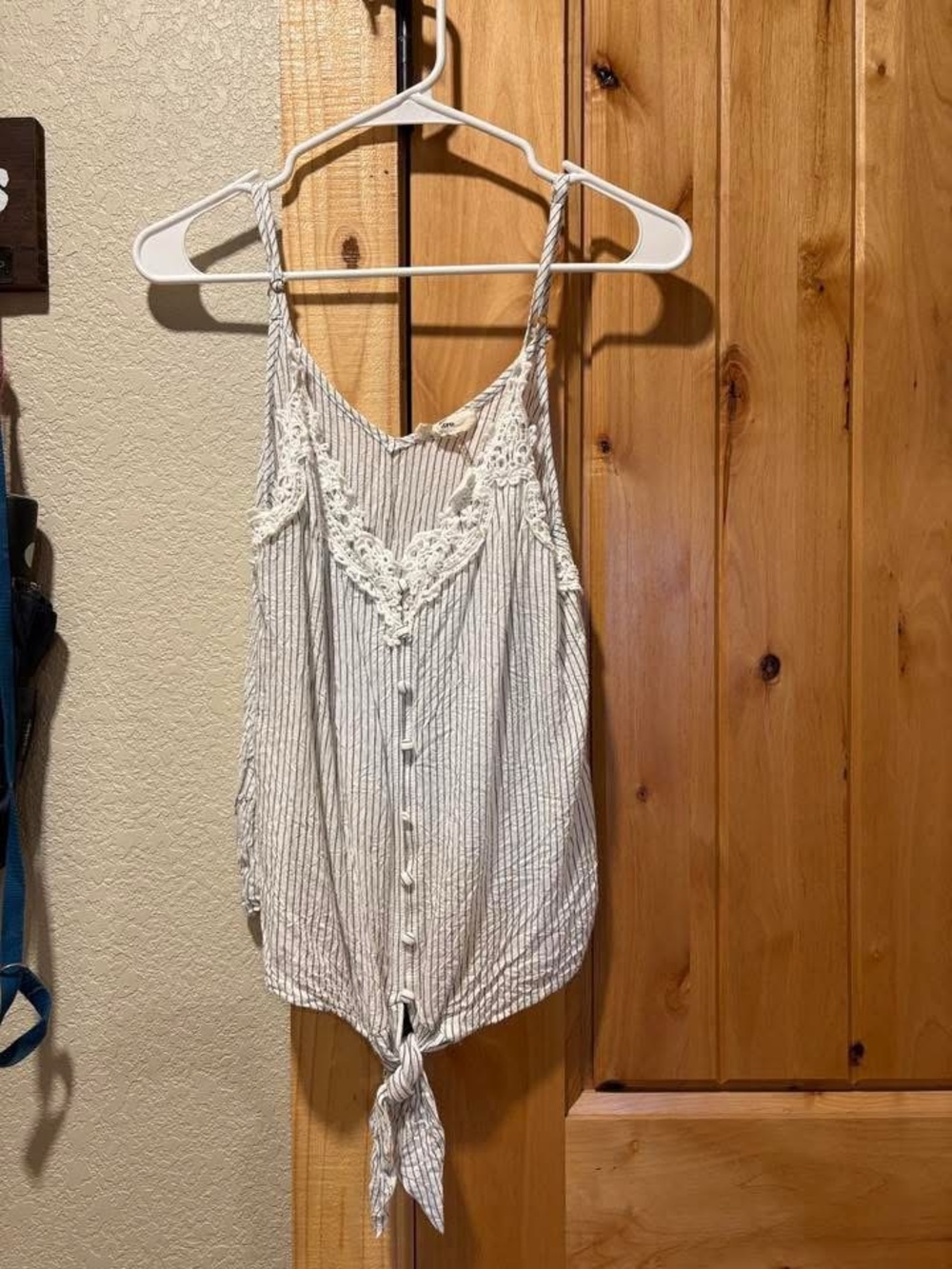 Impressions White Striped Tie-Front Crochet-Trim Cami